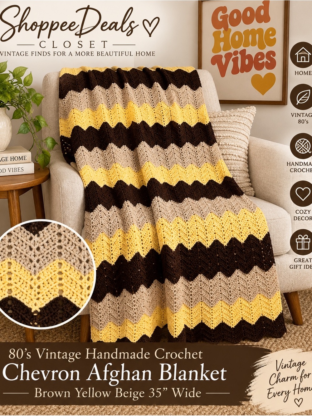 Vintage Handmade Crochet Chevron Afghan Blanket Brown Yellow Beige 35” Wide